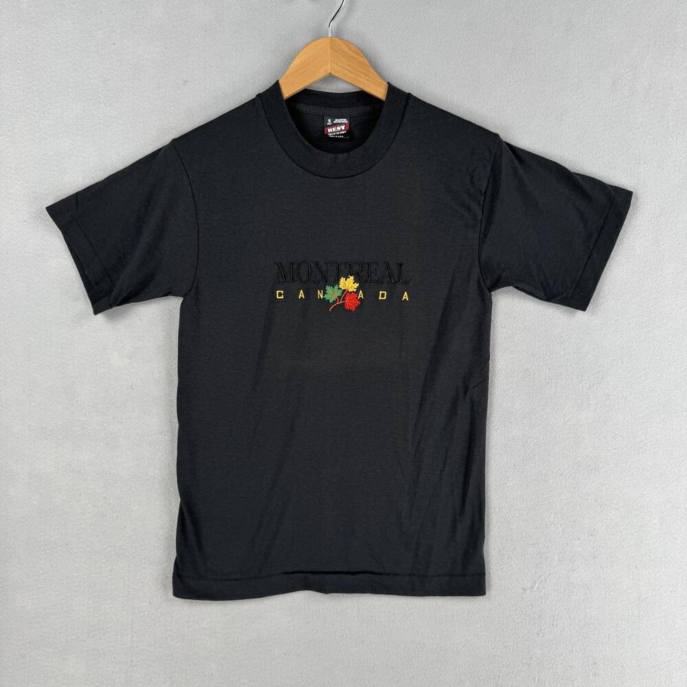 Vintage Montreal Shirt Mens Small Black Embroidered Maple Leaf Canada USA 90s